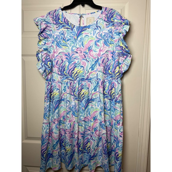 Simply Southern Dresses & Skirts - Simply Southern Watercolor Ruffle Sleeve Tiered Dress XL UPF‎ 50+ Blue Pink New